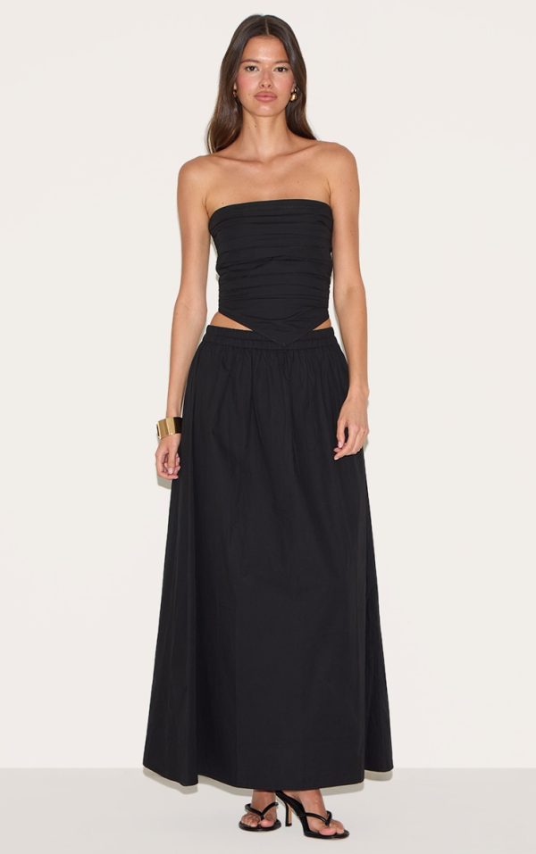 Black Cotton Poplin A Line Low Rise Maxi Skirt