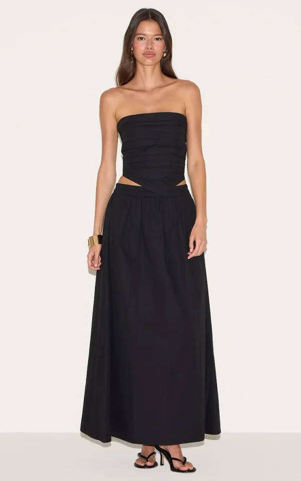 Black Cotton Poplin A Line Low Rise Maxi Skirt