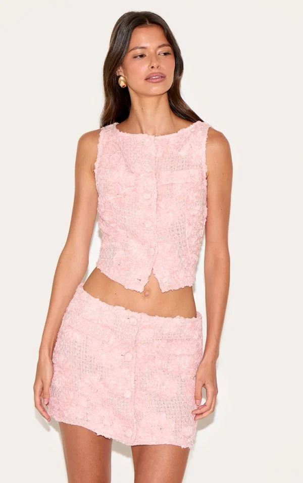 Light Pink Floral Boucle Button Up Mini Skirt