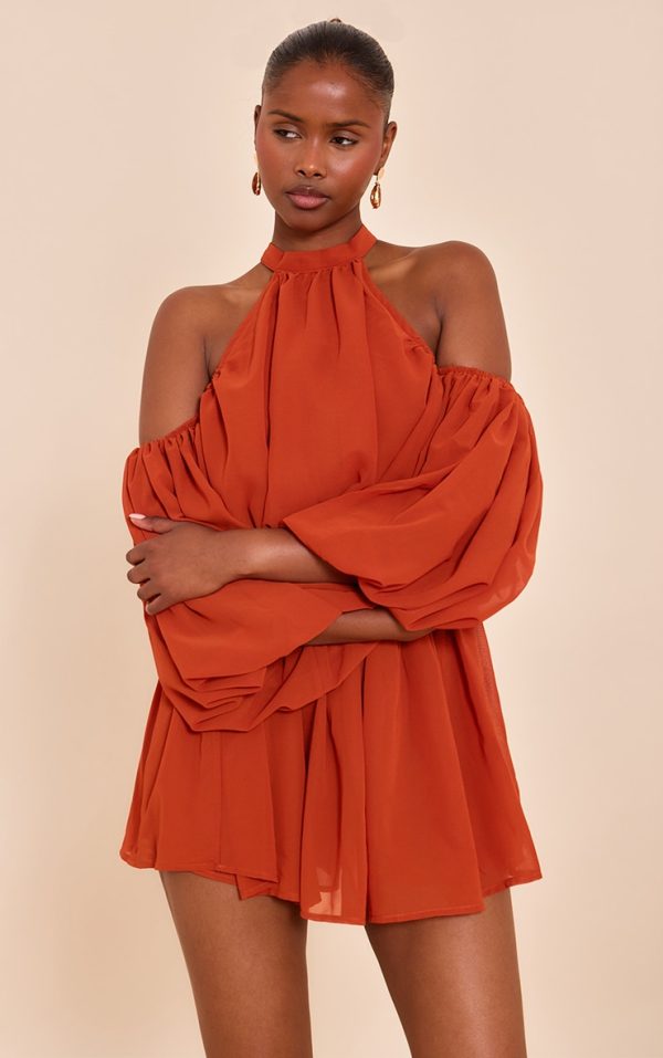 Rust Chiffon Ruffle Off Shoulder Romper