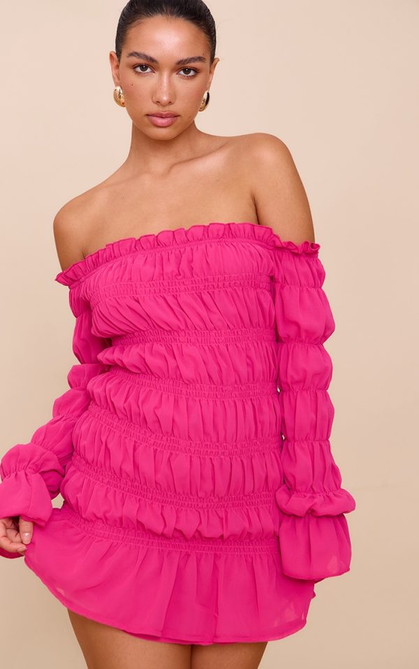 Fuchsia Chiffon Bardot Long Sleeve Ruched Bodycon Dress