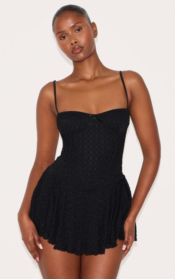 Black Textured Lace Strappy Skort Floaty Romper