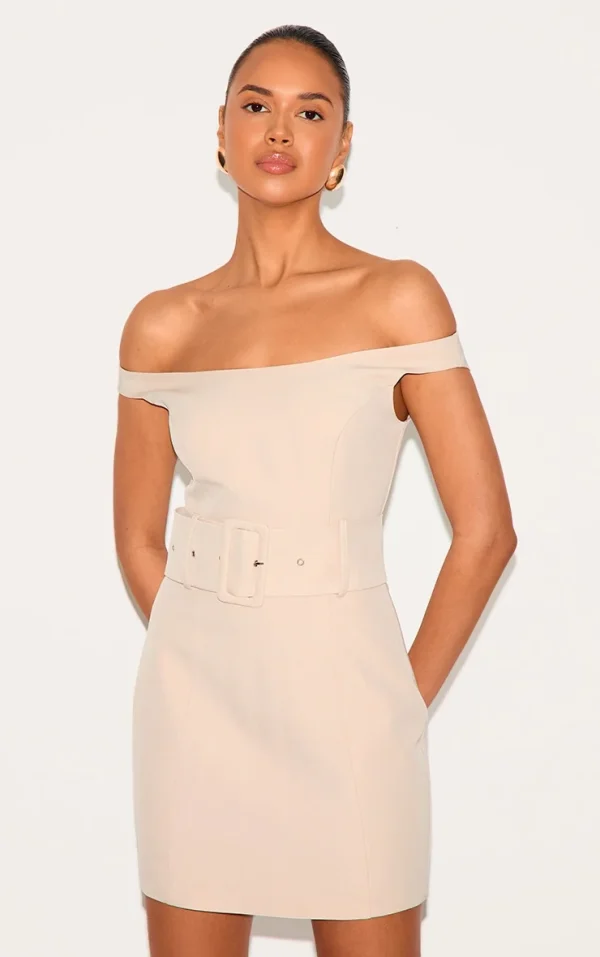 Almond Woven Off Shoulder Belt Detail Mini Dress
