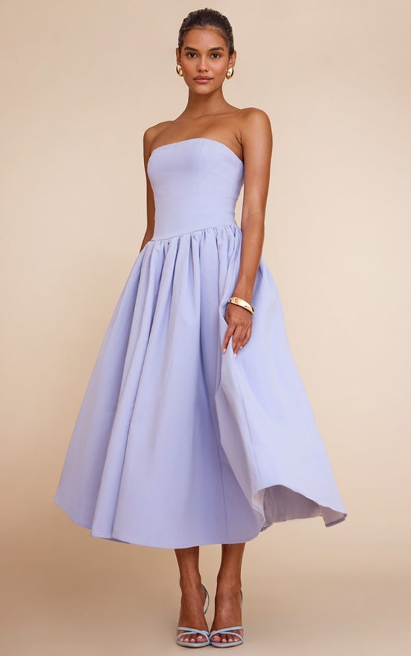 Cornflower Blue Woven Bandeau Ruched Skater Midaxi Dress