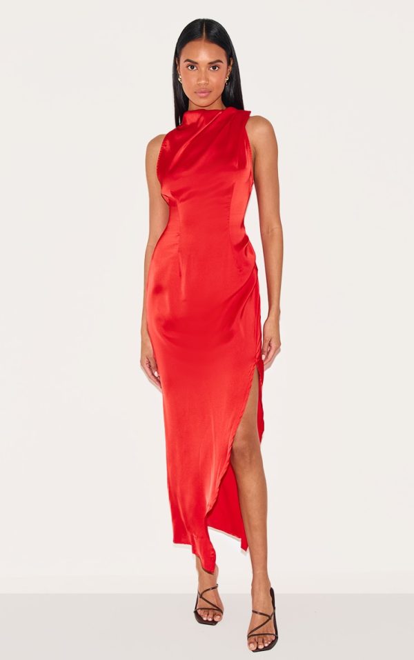 Red Satin High Neck Ruched Back Detail Midi Dress