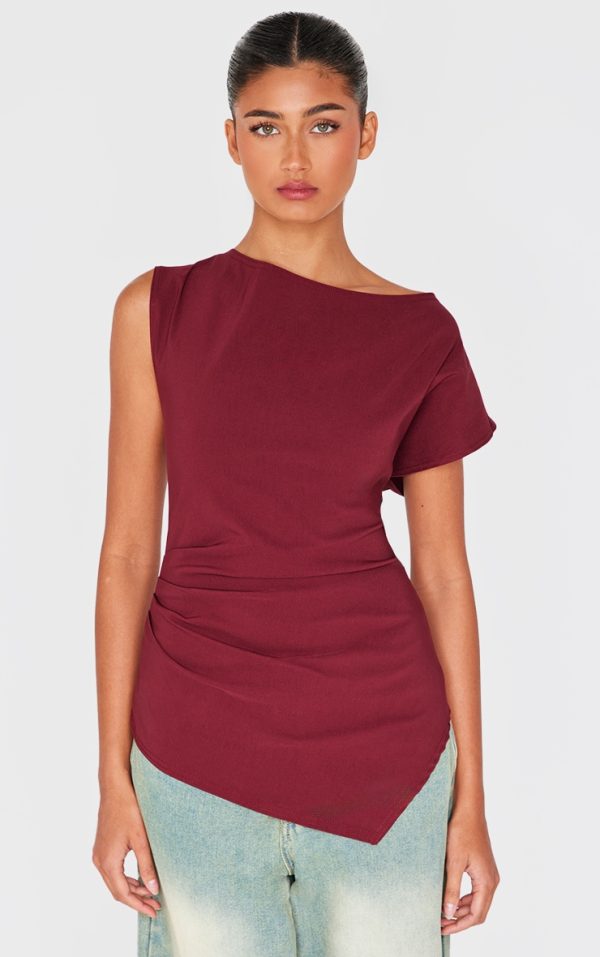 Burgundy Bengaline Slouch Asymmetric Long Top