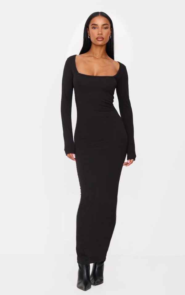 Black Cotton Square Neck Long Sleeve Maxi Dress