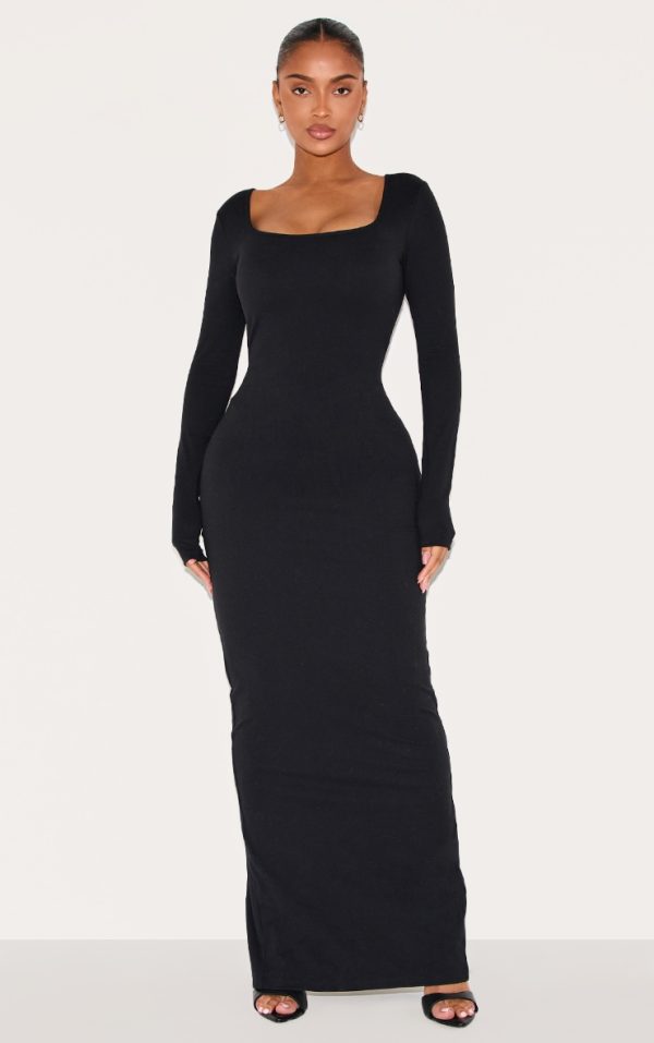 Shape Black Built In Bra Sculpt Square Neck Long Sleeve Maxi Dress