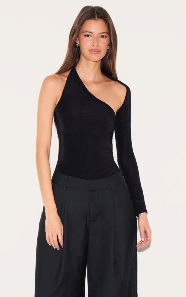 Black One Shoulder Asymmetric Bodysuit