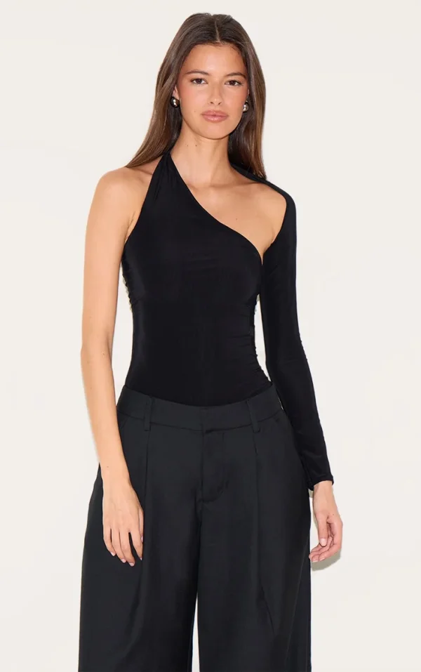 Black One Shoulder Asymmetric Bodysuit