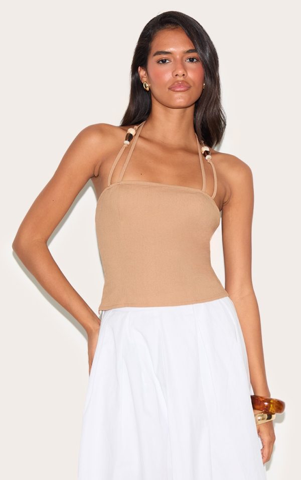 Light Brown  Beaded Halterneck Long Top