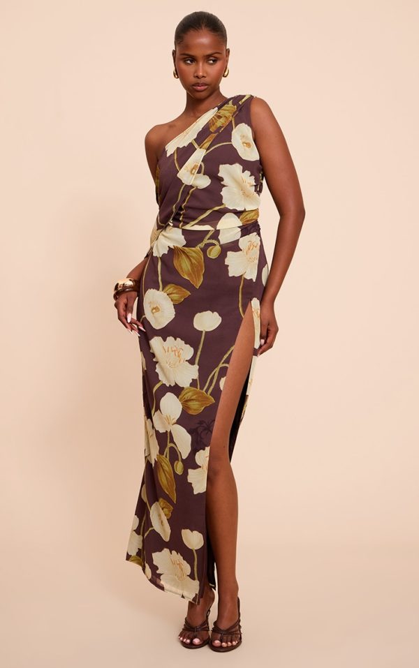 Chocolate Printed Chiffon Drape Detail Maxi Dress