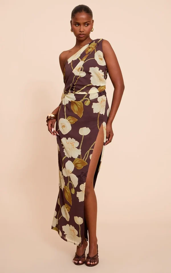 Chocolate Printed Chiffon Drape Detail Maxi Dress