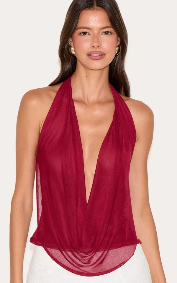 Deep Red Mesh Halter Neck Top