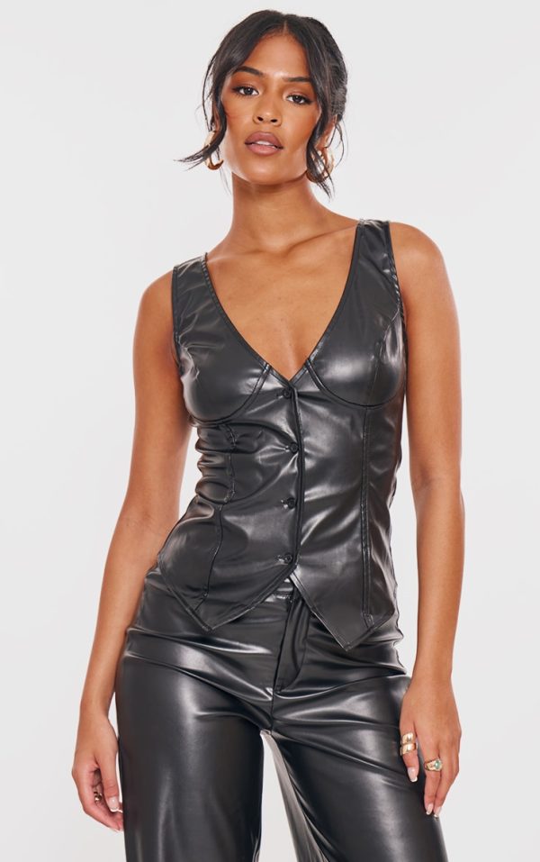 Tall Black Faux Leather Plunge Vest