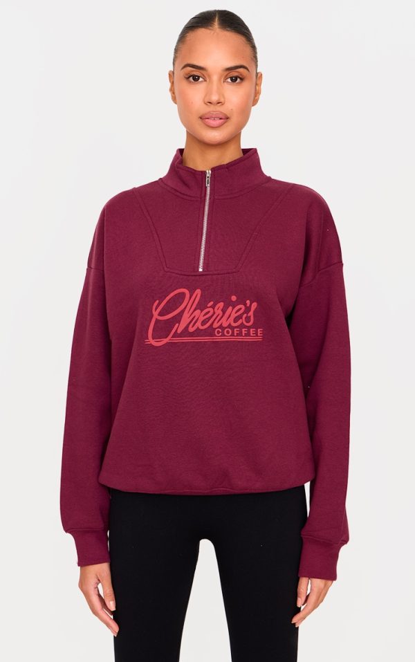 Plum Cheries Coffee Puff Print Half Zip Sweatshirt