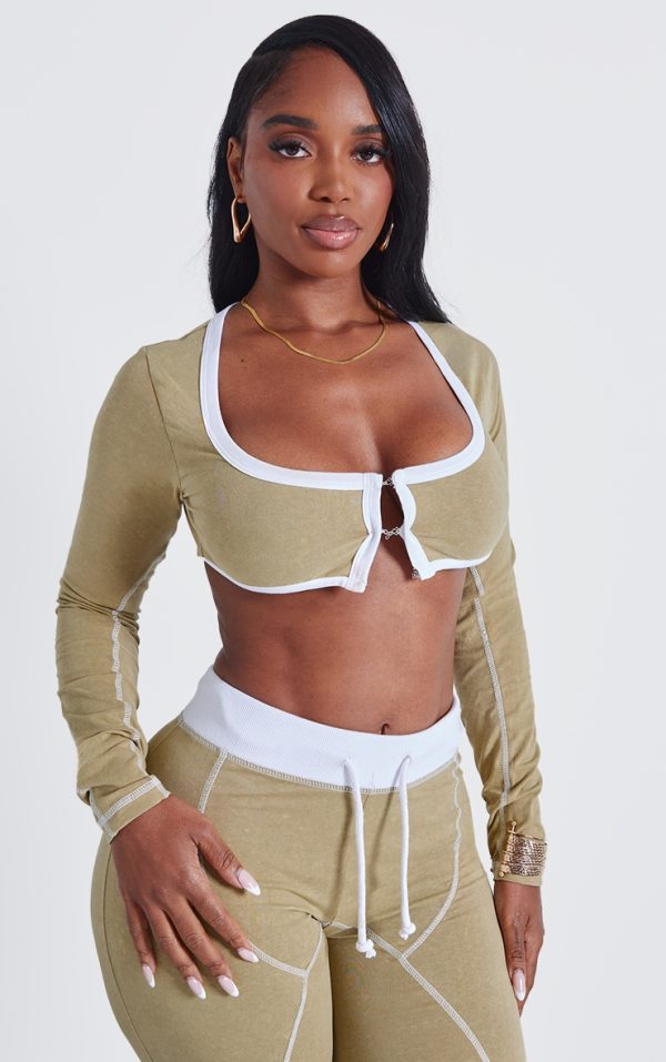 Shape Khaki Washed Cotton Hook And Eye Long Sleeve Crop Top
