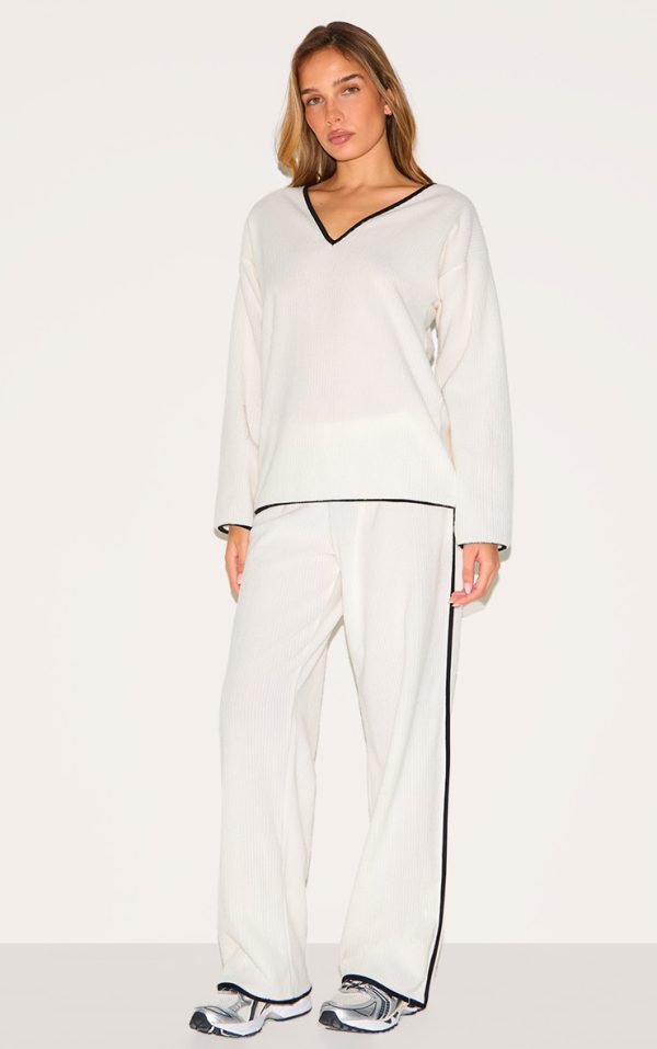 Cream Soft Rib Straight Leg Pants