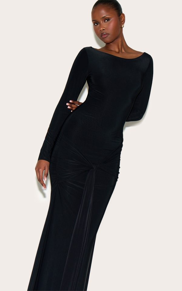 Black Double Layer Slinky Drop Waist Knot Detail Maxi Dress