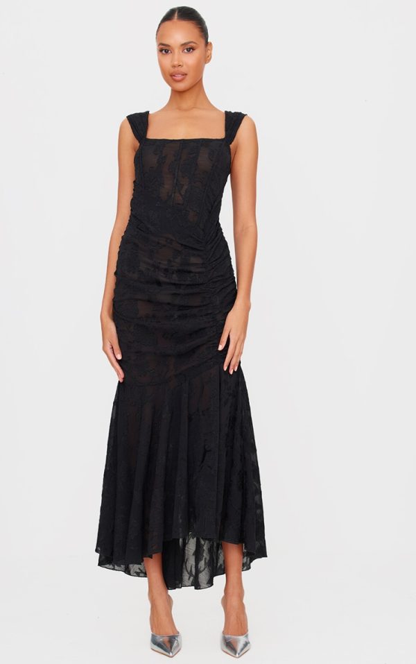 Black Burnout Side Ruched Midi Dress