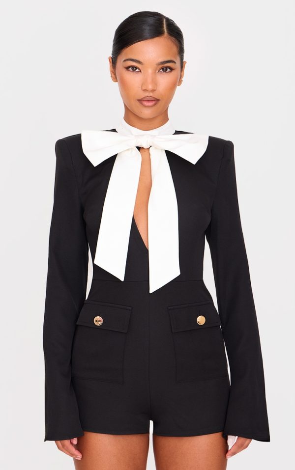 Black Woven Bow Tie Detail Romper
