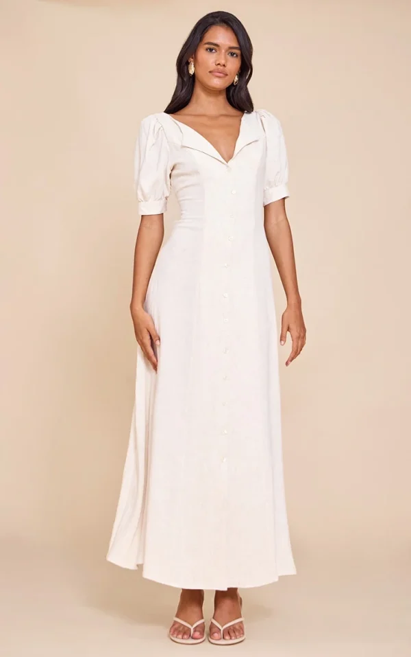 Natural Linen Look Button Puff Sleeve Midaxi Dress