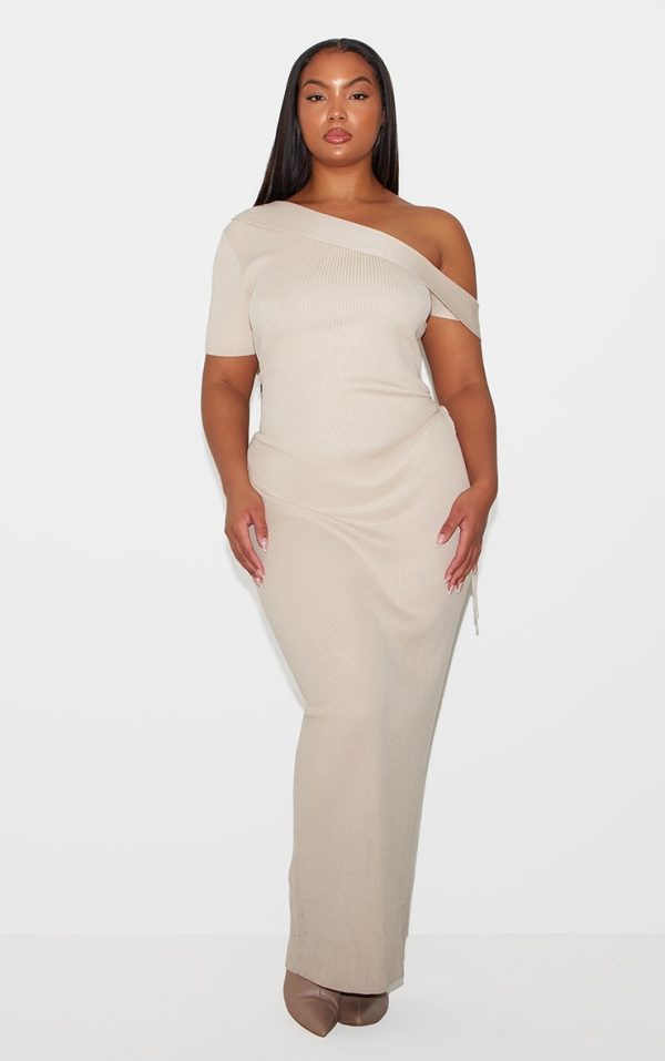 Plus Oatmeal Rib Knit Asymmetric Neck Ruched Side Maxi Dress