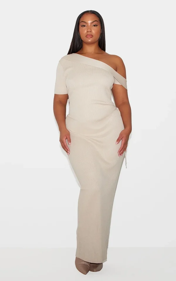Plus Oatmeal Rib Knit Asymmetric Neck Ruched Side Maxi Dress