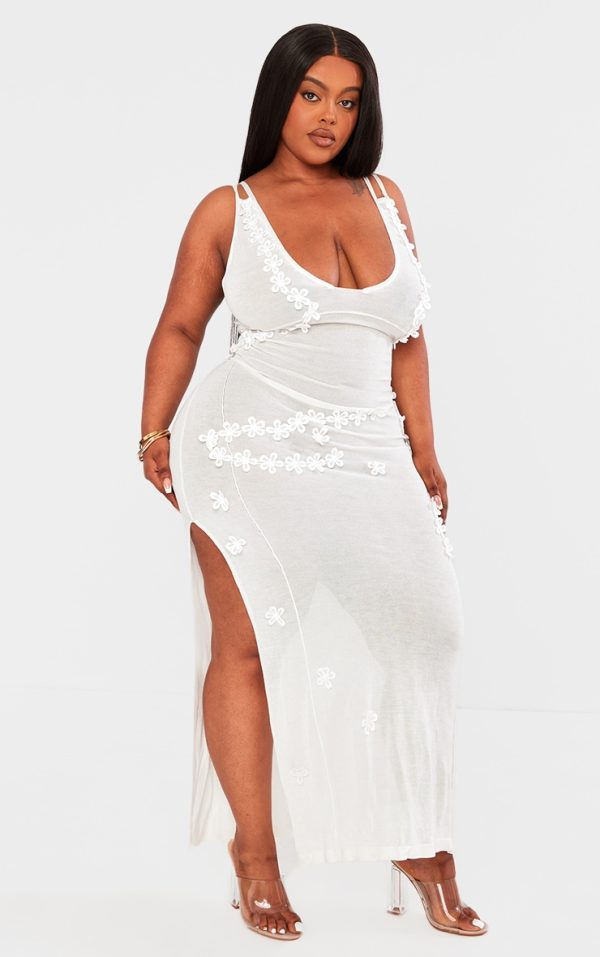 Plus White Flower Aplique Sheer Midaxi Dress