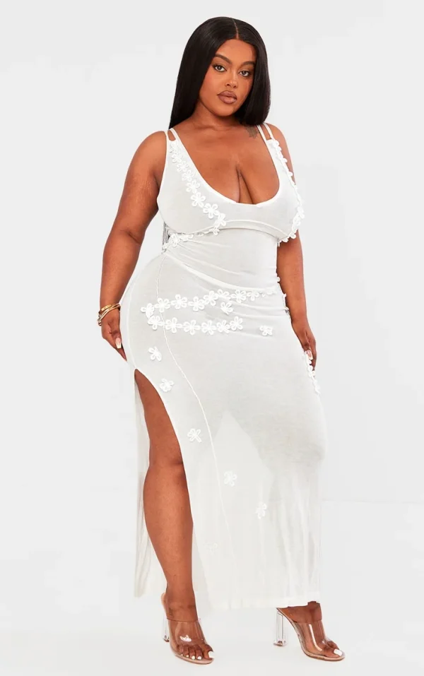 Plus White Flower Aplique Sheer Midaxi Dress