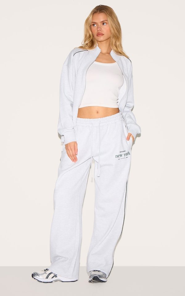 Ash Grey Premium New York Embroidered Wide Leg Sweatpants