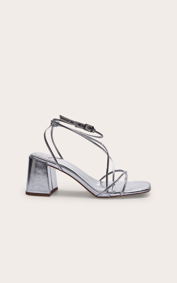 Silver Pu Round Toe Strappy Mid Block Heeled Sandals