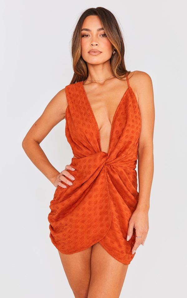 Burnt Orange Textured Plunge Knot Detail Bodycon Dress
