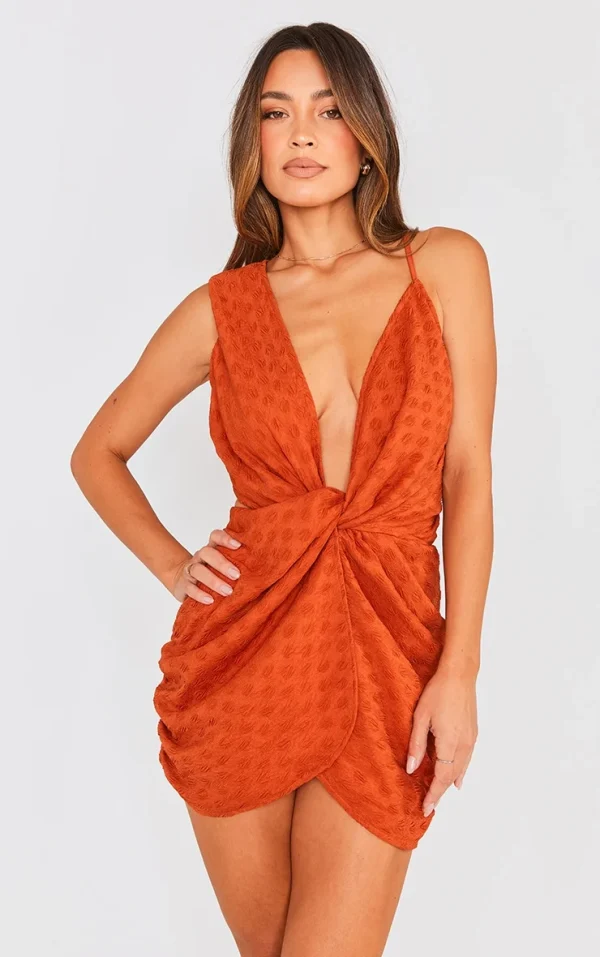 Burnt Orange Textured Plunge Knot Detail Bodycon Dress