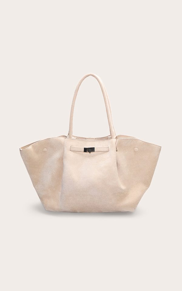 Cream Faux Suede Pleated Tote Bag