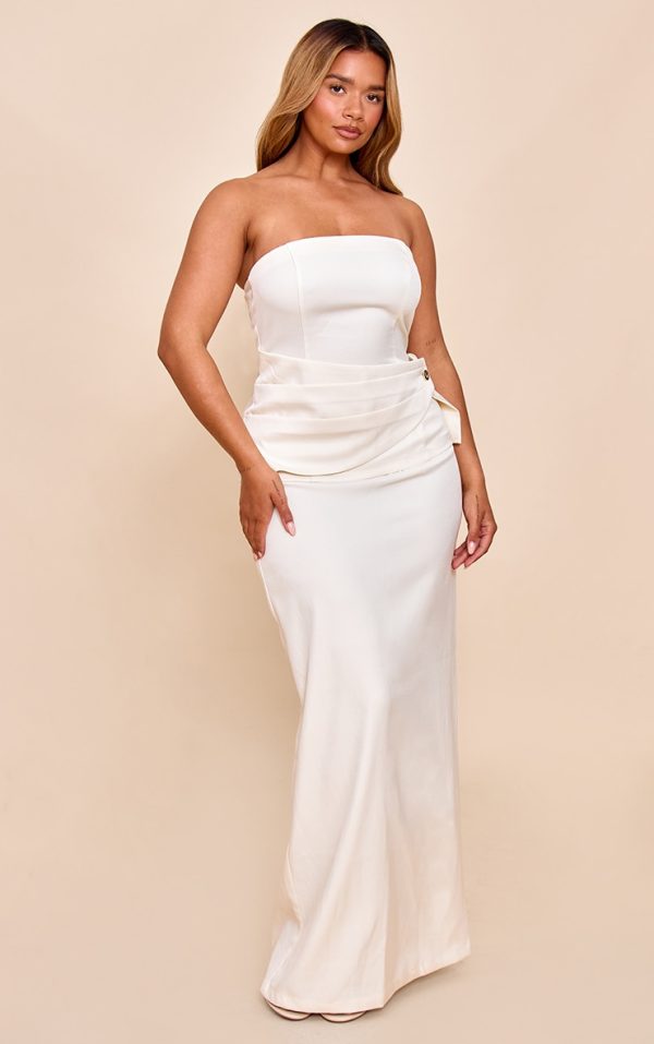 Shape Butter Cream Tailored Bandeau Wrap Over Gold Trim Maxi Dress