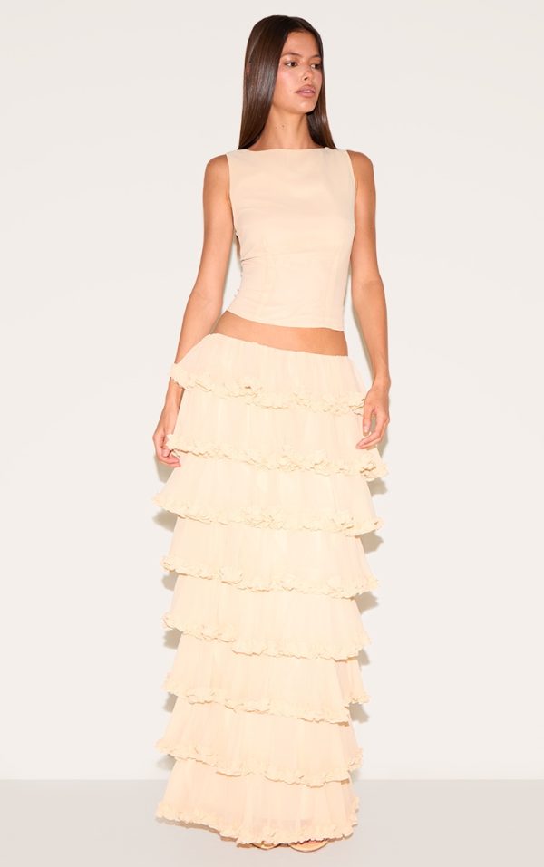 Cream Chiffon Tiered Frill Maxi Skirt