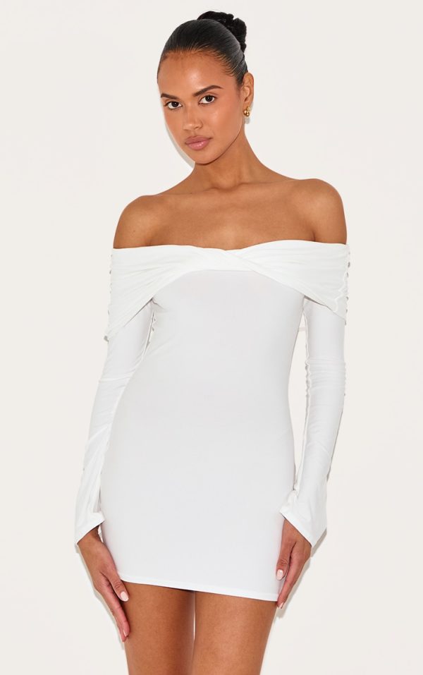 Cream Soft Touch Twist Detail Bardot Bodycon Dress