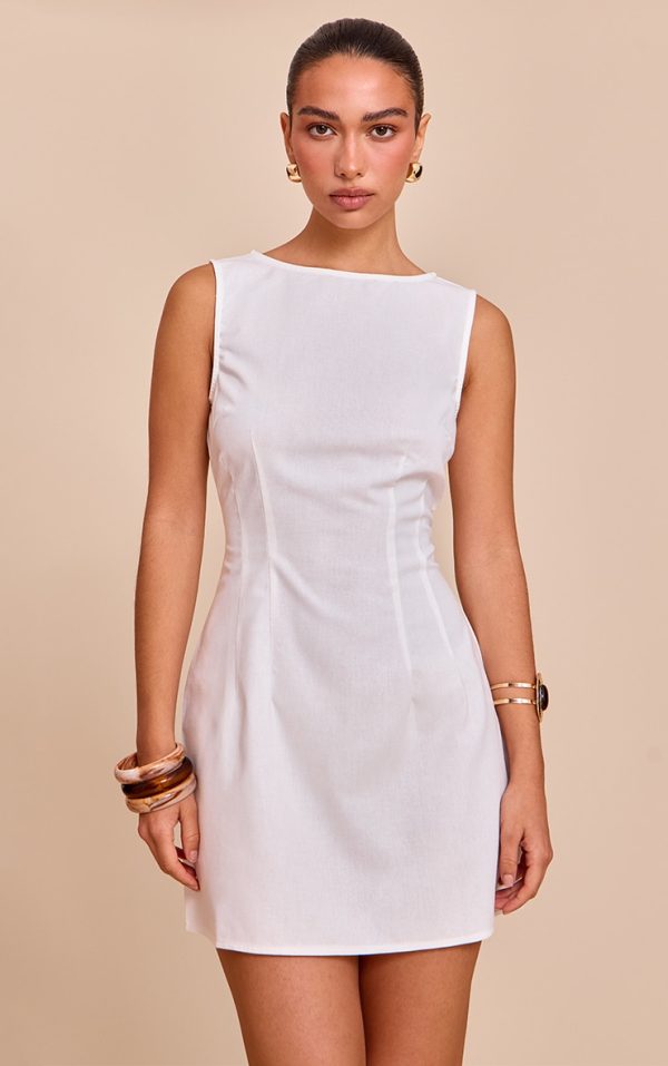 White Boat Neck Linen Shift Dress