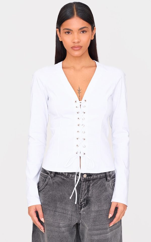 Off White Stretch Woven Tie Front Fitted Shirt