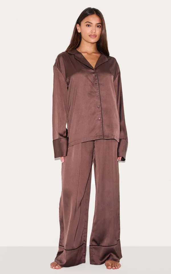 Chocolate Satin Piping Long Pj Set