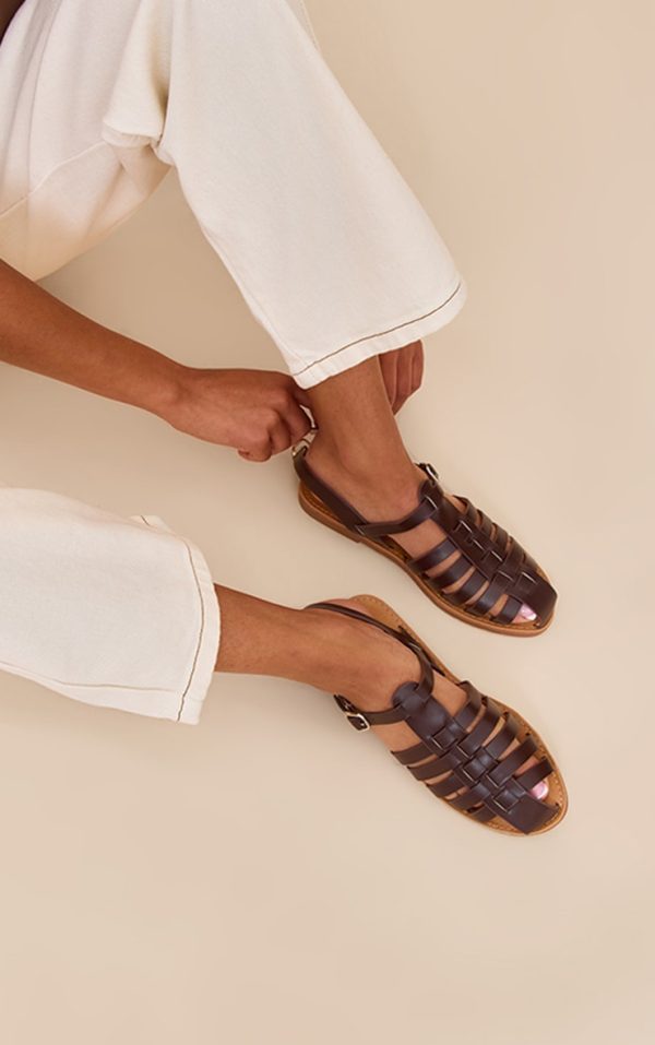 Coffee Faux Leather Gladiator Cage Flat Sandals