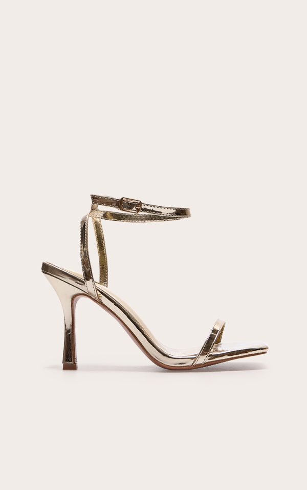 Gold Wide Fit PU Square Toe Barely There Mid Heeled Sandals