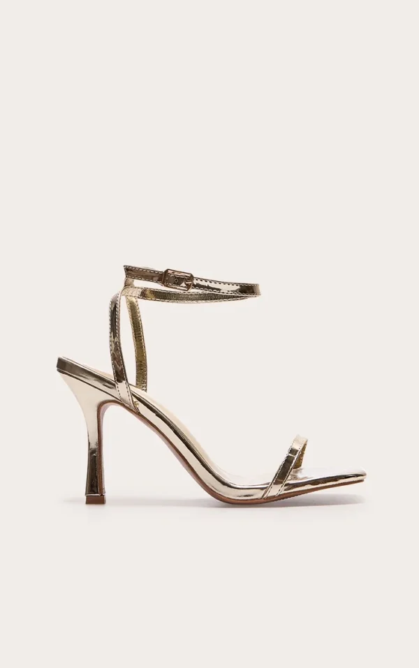 Gold Wide Fit PU Square Toe Barely There Mid Heeled Sandals