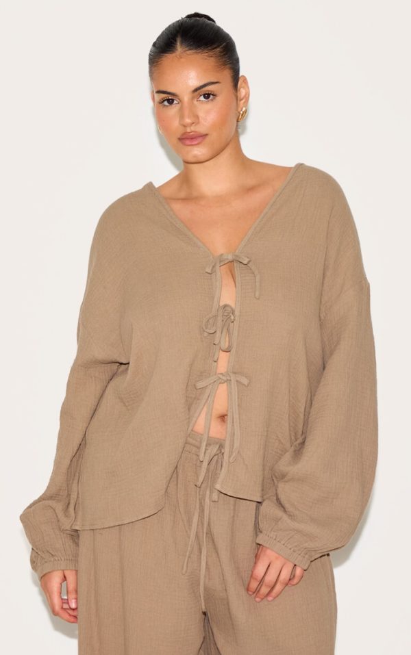 Plus Clay Textured Cheesecloth Tie Front Shirt