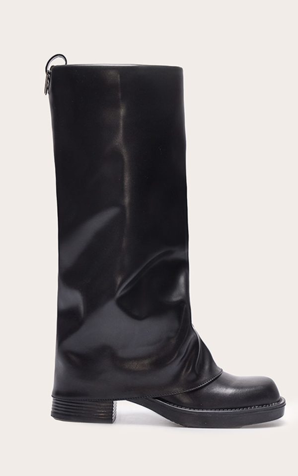 Black Pu Block Heeled Fold Over Knee High Boots
