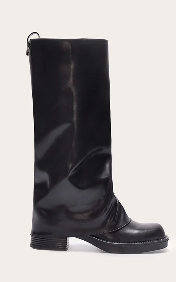 Black Pu Block Heeled Fold Over Knee High Boots