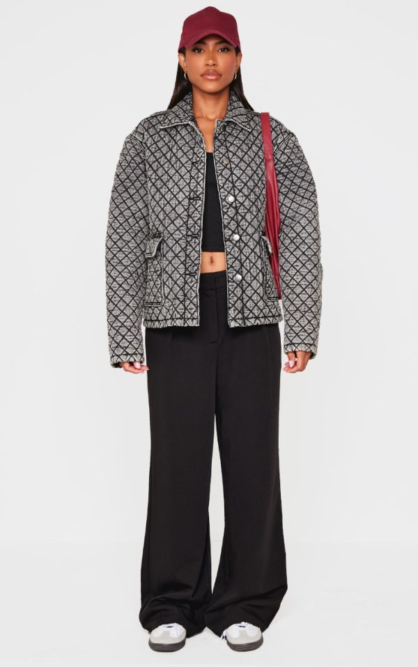 Grey Quilted Effect Pocket Detail Denim Coat