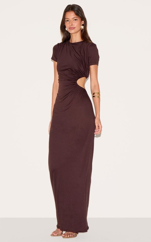 Chocolate Double Layer Soft Touch Cut Out Ruched Detail Maxi Dress