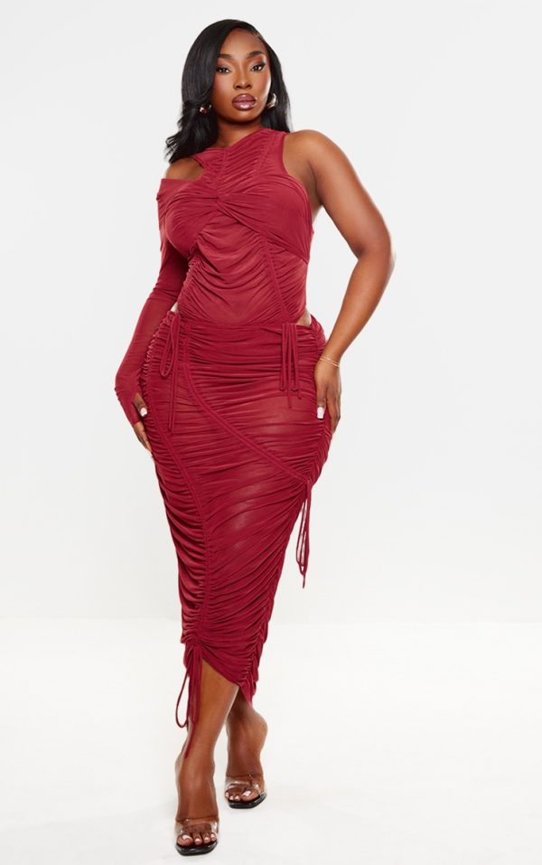 Plus Burgundy Extreme Ruched Seam Detail Midaxi Skirt
